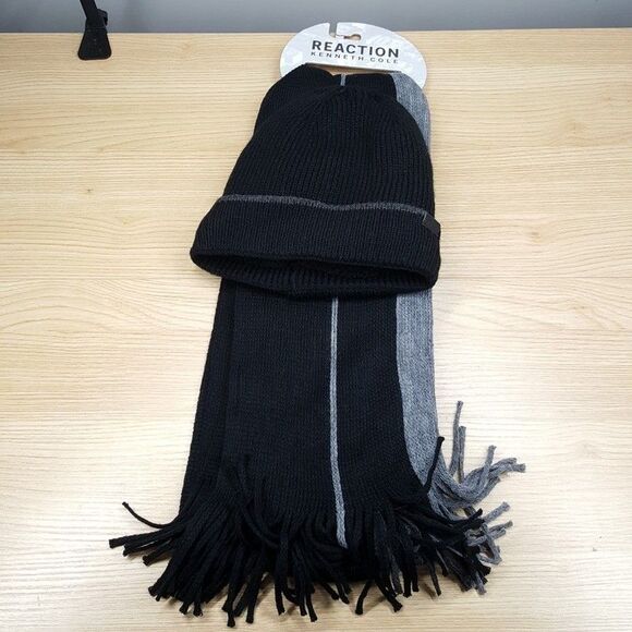 KENNETH COLE REACTION Mens Beanie Hat Scarf Stripe Knit Plush Lined Gift Set - Picture 1 of 6